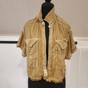 Free People Tan Short Sleeve Button Cropped Jacket Small Utility Distressed